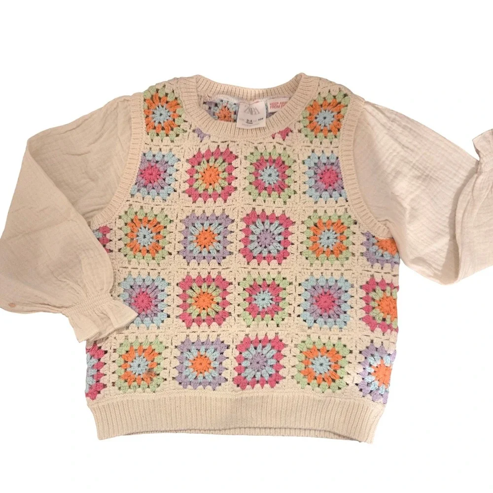 Zara Kids Crochet Knit Top‎ and Distressed Denim Jeans Set Size 3-4 Years Boho